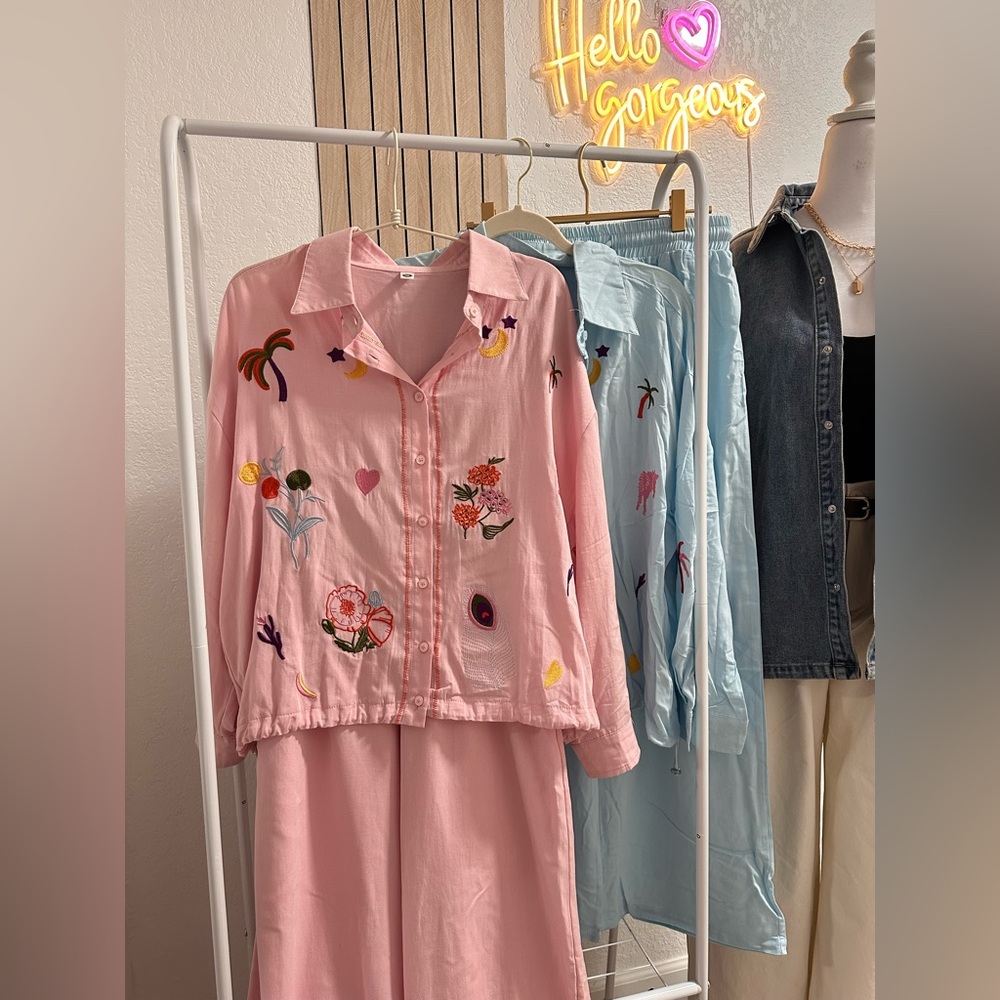 Tropical Embroidered Button-Up Shirt